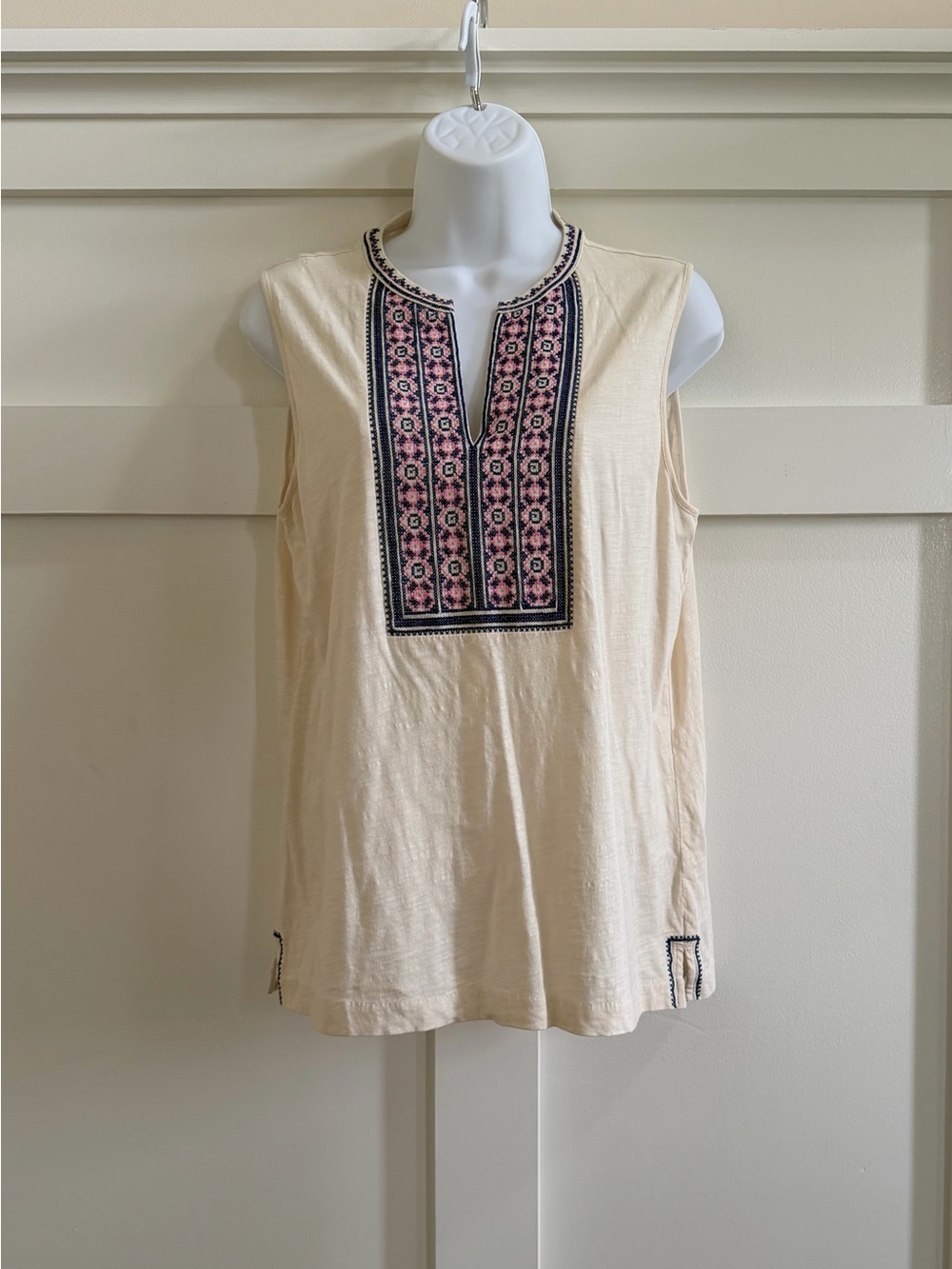 J. Crew Sleeveless Cream Embroidered Split-Neck Tunic Top